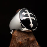 Excellent crafted oval domed Men's black Cross Lorraine Ring - Sterling Silver - BikeRing4u