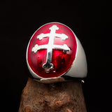 Excellent crafted oval domed Men's red Cross Lorraine Ring - Sterling Silver - BikeRing4u