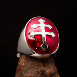 Excellent crafted oval domed Men's red Cross Lorraine Ring - Sterling Silver - BikeRing4u