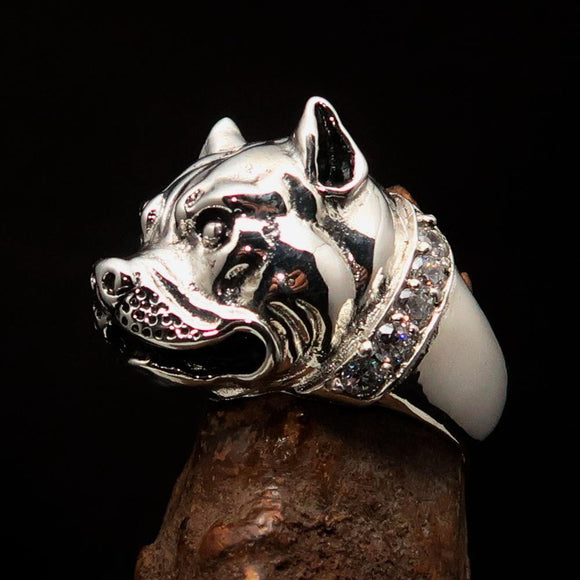 Excellent crafted Men's Ring Pitbull with white CZ Collar - Sterling Silver - BikeRing4u