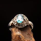 Sterling Silver Solitaire Ring with oval Cut Blue Zircon and 16 CZ - Size 6 - BikeRing4u