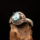 Sterling Silver Solitaire Ring with oval Cut Blue Zircon and 16 CZ - Size 6 - BikeRing4u