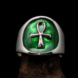 Excellent crafted Men's small green Egyptian Ankh Cross Ring - Sterling Silver - BikeRing4u