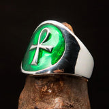 Excellent crafted Men's small green Egyptian Ankh Cross Ring - Sterling Silver - BikeRing4u