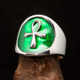 Excellent crafted Men's small green Egyptian Ankh Cross Ring - Sterling Silver - BikeRing4u
