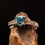Sterling Silver Solitaire Band Ring with oval Cut Blue Zircon and 8 CZ - Size 6.25 - BikeRing4u