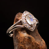 Sterling Silver Gemstone Solitaire Ring with marquise shaped Ceylon Moonstone and CZ - BikeRing4u