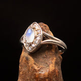 Sterling Silver Gemstone Solitaire Ring with marquise shaped Ceylon Moonstone and CZ - BikeRing4u