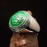 Domed Men's green Al Quran ul Kareem Muslim Ring - Sterling Silver - BikeRing4u