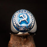 Perfectly crafted Men's Communist Ring Hammer Sickle Crest CCCP Blue - Sterling Silver - BikeRing4u