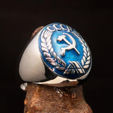 Perfectly crafted Men's Communist Ring Hammer Sickle Crest CCCP Blue - Sterling Silver - BikeRing4u