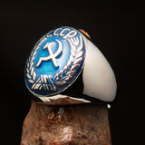 Perfectly crafted Men's Communist Ring Hammer Sickle Crest CCCP Blue - Sterling Silver - BikeRing4u