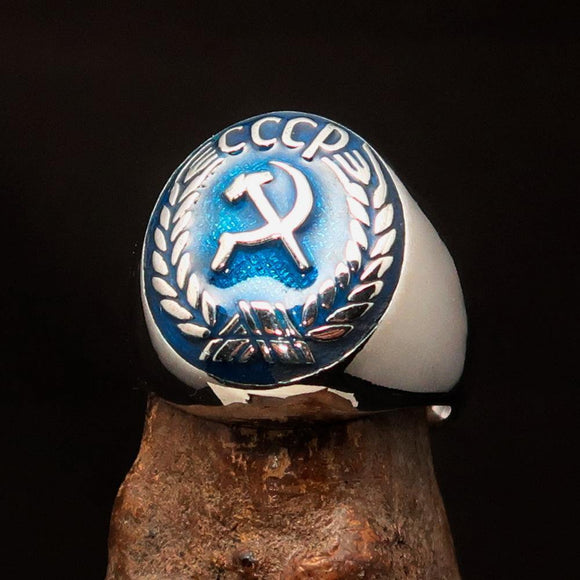 Perfectly crafted Men's Communist Ring Hammer Sickle Crest CCCP Blue - Sterling Silver - BikeRing4u