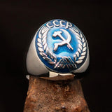 Perfectly crafted Men's Communist Ring Hammer Sickle Crest CCCP Blue - Sterling Silver - BikeRing4u