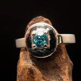 Sterling Silver Solitaire Ring with oval Cut Blue Zircon and 15 CZ - Size 5.75 - BikeRing4u