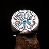 Excellent crafted Men's Signet Ring Four leaved Clover Blue - Sterling Silver - BikeRing4u