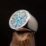 Excellent crafted Men's Signet Ring Four leaved Clover Blue - Sterling Silver - BikeRing4u