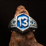 Excellent crafted Men's Biker Ring blue lucky Number 13 - Sterling Silver - BikeRing4u