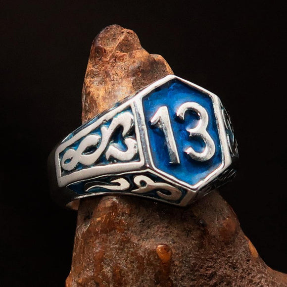 Excellent crafted Men's Biker Ring blue lucky Number 13 - Sterling Silver - BikeRing4u