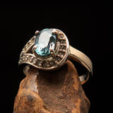 Sterling Silver Solitaire Loop Ring with oval Cut Blue Zircon and 21 CZ - Size 5 - BikeRing4u