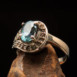 Sterling Silver Solitaire Loop Ring with oval Cut Blue Zircon and 21 CZ - Size 5 - BikeRing4u