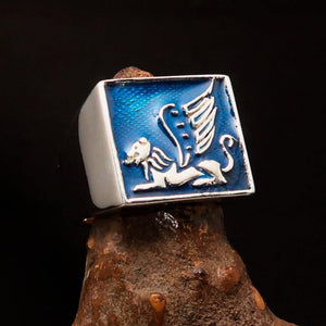 Perfectly crafted Men's Ring winged blue Lion of Venice - Sterling Silver - BikeRing4u