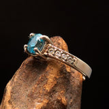 Sterling Silver Solitaire Band Ring with oval Cut Blue Zircon and 8 CZ - Size 4.75 - BikeRing4u