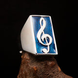 Excellent crafted Men's Musician Ring blue Treble Clef Symbol - Sterling Silver - BikeRing4u