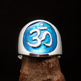 Excellent crafted Men's blue Aum Buddhist Ring - Sterling Silver - BikeRing4u