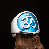Excellent crafted Men's blue Aum Buddhist Ring - Sterling Silver - BikeRing4u