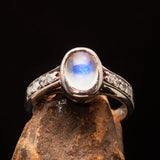 Sterling Silver Solitaire Gemstone Ring with oval shaped Ceylon Moonstone and 8 CZ - BikeRing4u