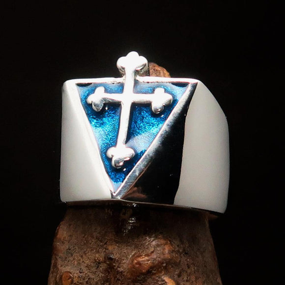 Excellent crafted Men's Blue Coptic Cross Ring - Sterling Silver - BikeRing4u