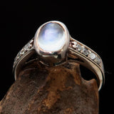 Sterling Silver Solitaire Gemstone Ring with oval shaped Ceylon Moonstone and 8 CZ - BikeRing4u