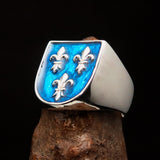 Excellent crafted Men's blue Fleur de Lis Coat of Arms Ring - Sterling Silver - BikeRing4u