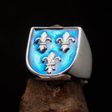 Excellent crafted Men's blue Fleur de Lis Coat of Arms Ring - Sterling Silver - BikeRing4u
