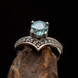 Gemstone Sterling Silver Solitaire Ring with round Cut Blue Zircon and 15 CZ - Size 4.75 - BikeRing4u