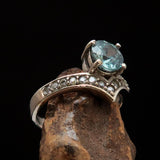 Gemstone Sterling Silver Solitaire Ring with round Cut Blue Zircon and 15 CZ - Size 4.75 - BikeRing4u
