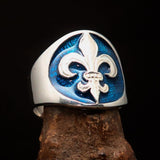 Excellent crafted Men's Blue Fleur de Lis Seal Ring - Sterling Silver - BikeRing4u