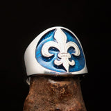 Excellent crafted Men's Blue Fleur de Lis Seal Ring - Sterling Silver - BikeRing4u