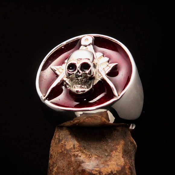 Perfectly crafted Men's Masonic Skull Ring Red - Sterling Silver - BikeRing4u