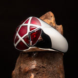 Perfectly domed Men's Solid Line Pentagram Ring Red - Sterling Silver - BikeRing4u