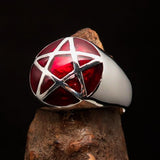 Perfectly domed Men's Solid Line Pentagram Ring Red - Sterling Silver - BikeRing4u