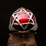 Nicely crafted Men's Hebrew Ring Red Star of David - Sterling Silver - BikeRing4u