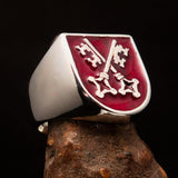 Perfectly crafted Men's Shield Ring Crossed red Skeleton Keys - Sterling Silver - BikeRing4u