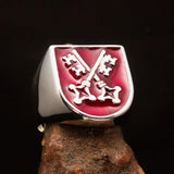 Perfectly crafted Men's Shield Ring Crossed red Skeleton Keys - Sterling Silver - BikeRing4u