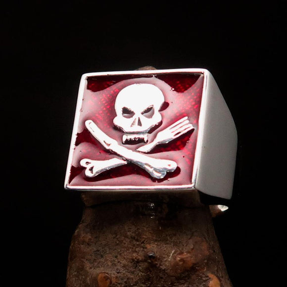 Perfectly crafted Men's Chef Skull Ring Crossed Fork Knife red - Sterling Silver - BikeRing4u