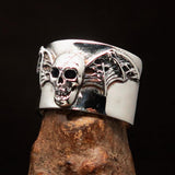 Excellent crafted winged Bat Skull Ring - antiqued Sterling Silver - BikeRing4u