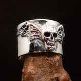 Excellent crafted winged Bat Skull Ring - antiqued Sterling Silver - BikeRing4u