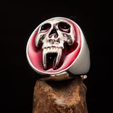 Excellent crafted oval Men's Red Vampire Skull Ring - Sterling Silver - BikeRing4u
