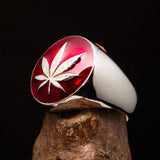 Sterling Silver Men's Ring Marihuana Cannabis Leaf in Red - BikeRing4u